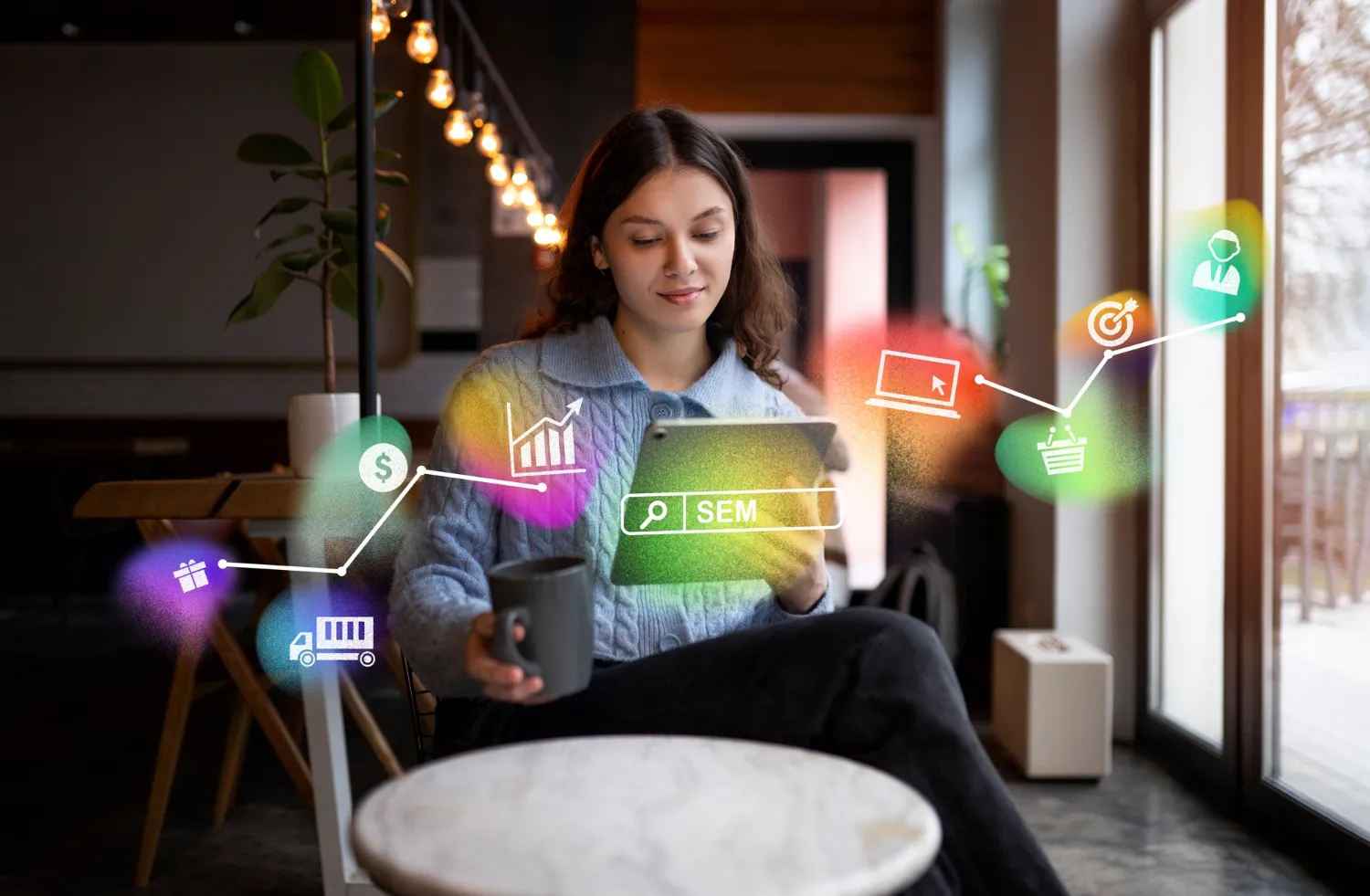 mujer mirando pantalla iconos de soluciones digital