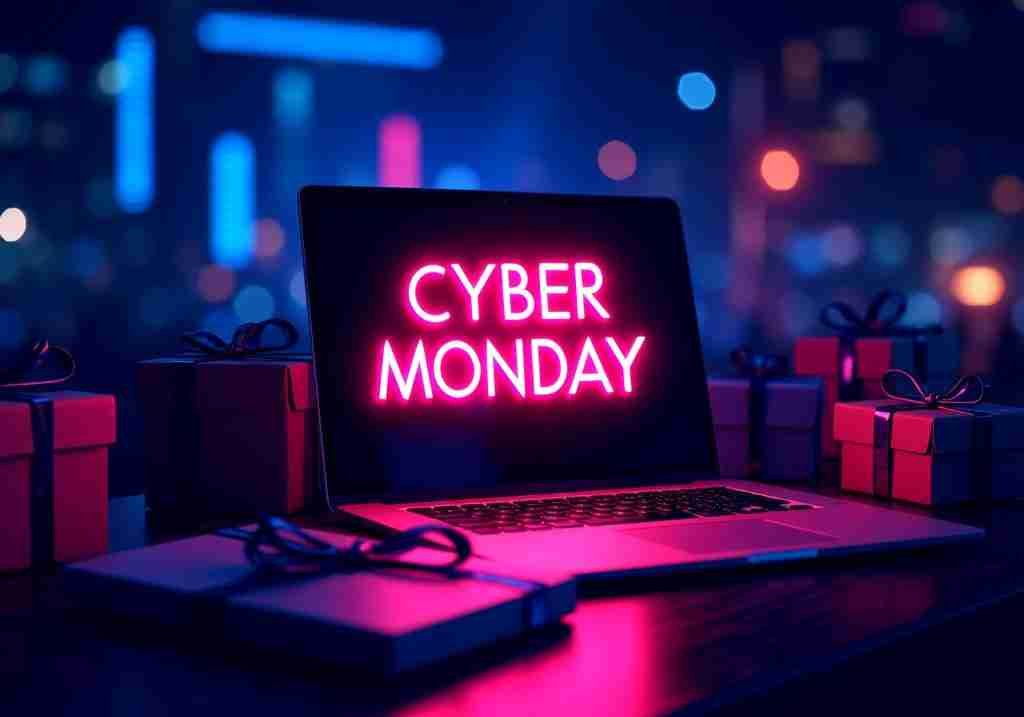 Cyber Monday en neón de la escena del lunes cibernético festivo en la computadora