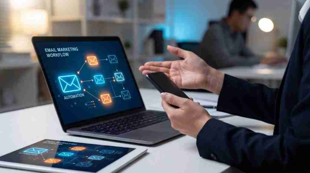 Email marketing para ecommerce: flujos que activan las compras 11 email marketing flujos compras Workflow de email marketing visualizado en pantalla de portátil
